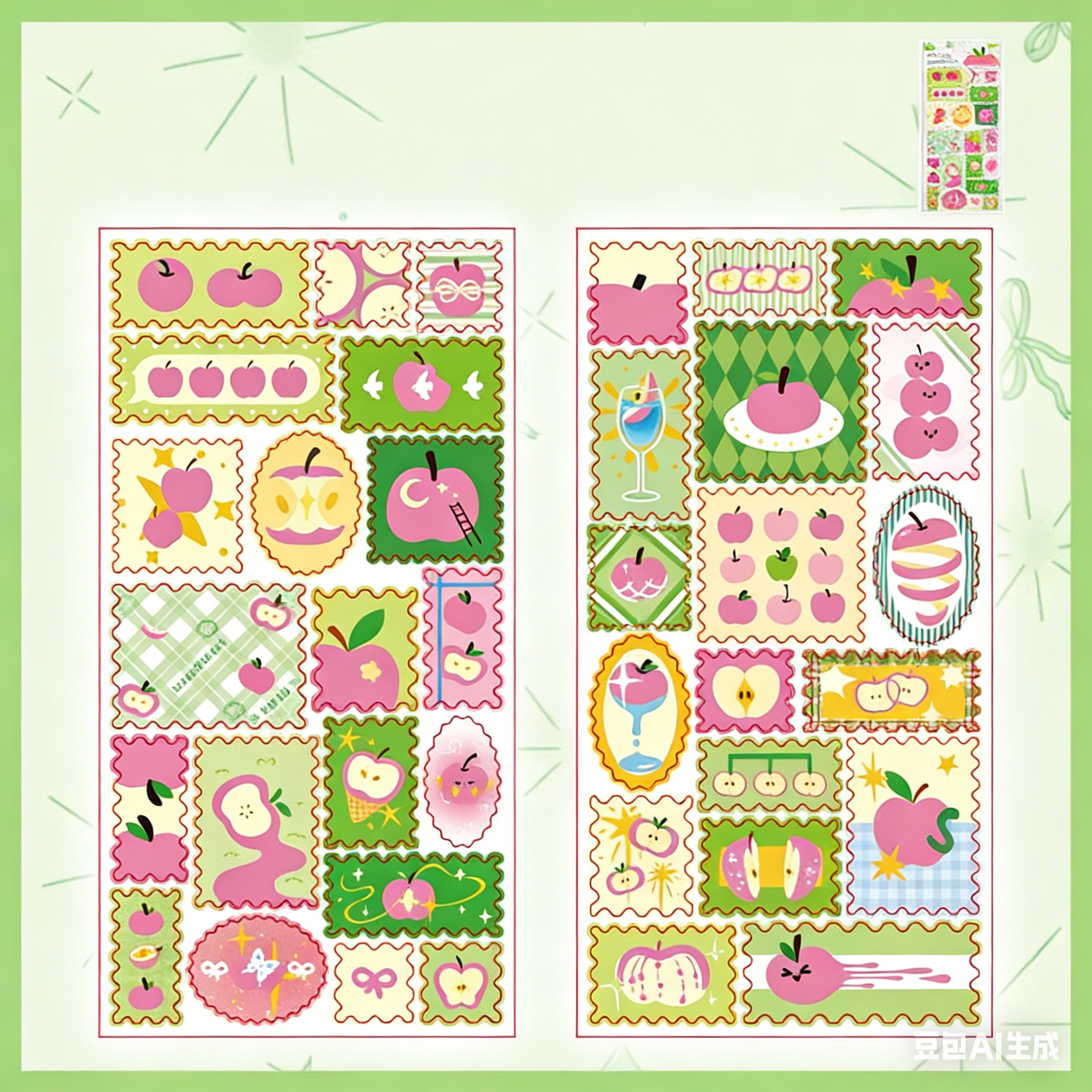 【平面】りんご・ミントフォレスト 切手風クリアシール 乙女心手帳デコ