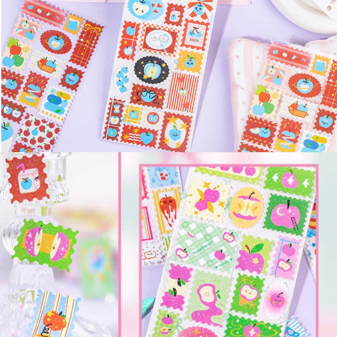 【平面】りんご・ミントフォレスト 切手風クリアシール 乙女心手帳デコ